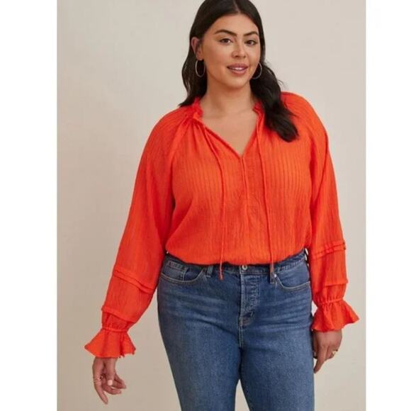 torrid Tops - NEW Torrid Orange Stripe Gauze Lace-Up Peasant Top size 12 Boho Cottage